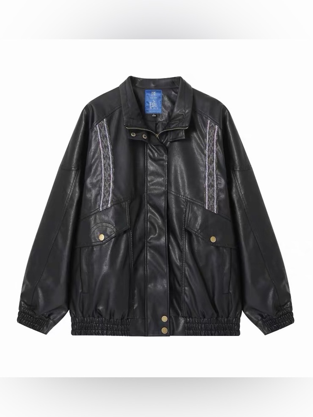 Black Faux Leather Bomber Jacket with Subtle Stitch Detailing